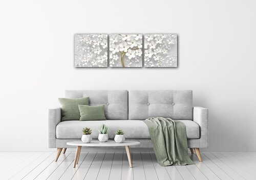 Obraz Bílý strom s květinami - 90 x 30 cm (3 dílný)