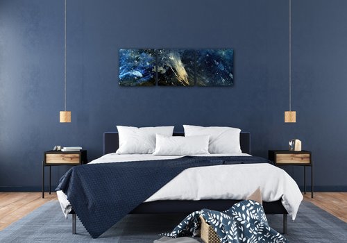 Obraz Abstrakt modrý se zlatým detailem - 90 x 30 cm (3 dílný)