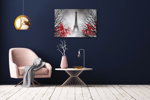Obraz Eiffelova věž černobílá s červeným detailem - 90 x 60 cm