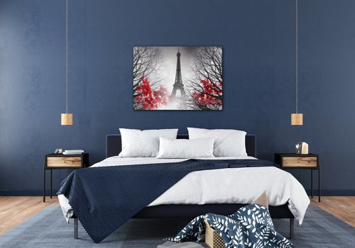 Obraz Eiffelova věž černobílá s červeným detailem - 70 x 50 cm