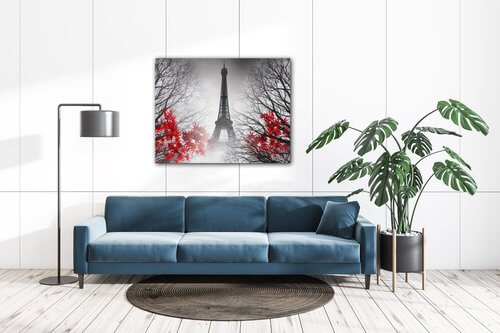 Obraz Eiffelova věž černobílá s červeným detailem - 90 x 70 cm