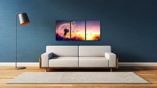 Obraz Pampeliška se západem slunce - 150 x 70 cm (3 dílný)
