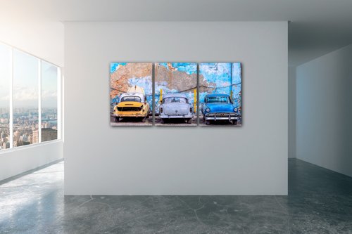Obraz Stará modrá auta - 120 x 60 cm (3 dílný)