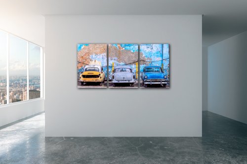 Obraz Stará modrá auta - 120 x 60 cm (3 dílný)