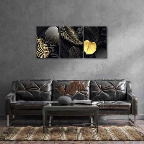 Obraz Abstraktní květiny černo zlaté - 150 x 70 cm (3 dílný)