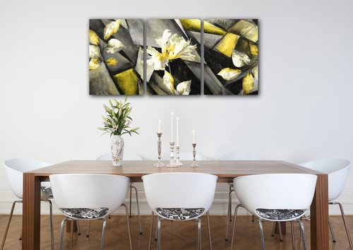 Obraz Abstraktní žluto šedý - 150 x 70 cm (3 dílný)