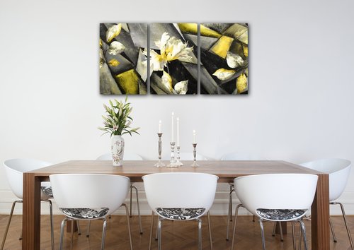 Obraz Abstraktní žluto šedý - 120 x 60 cm (3 dílný)