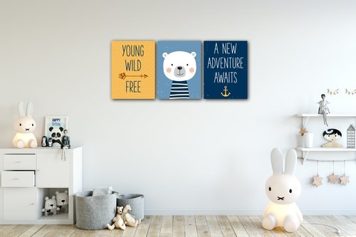 Obraz Sada dětských obrázků žluto modrá - 90 x 40 cm (3 dílný)