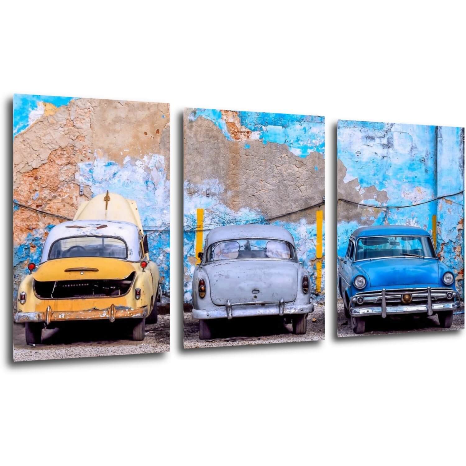 Obraz Stará modrá auta - 120 x 60 cm (3 dílný)