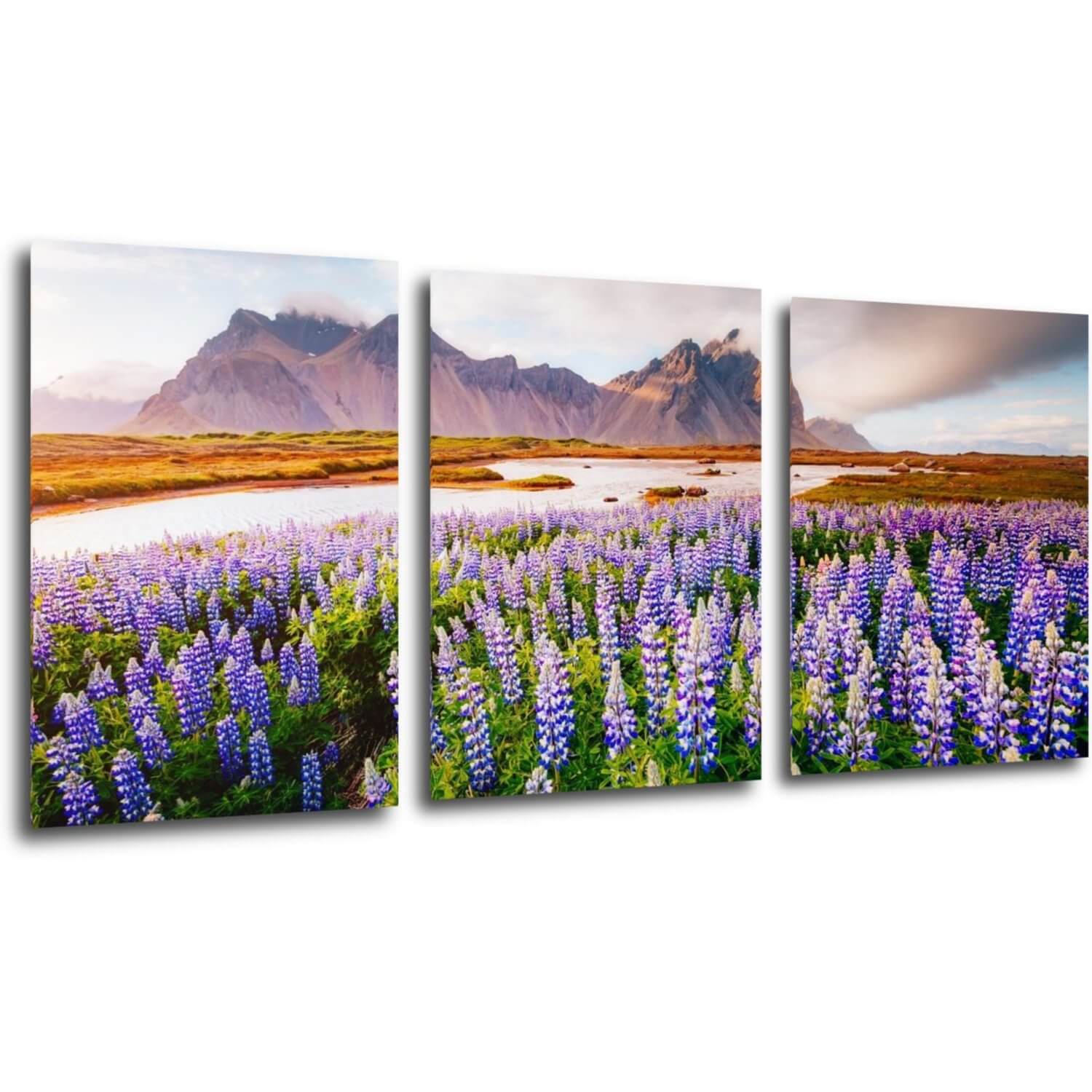 Obraz Horská krajina s květinami - 150 x 70 cm (3 dílný)