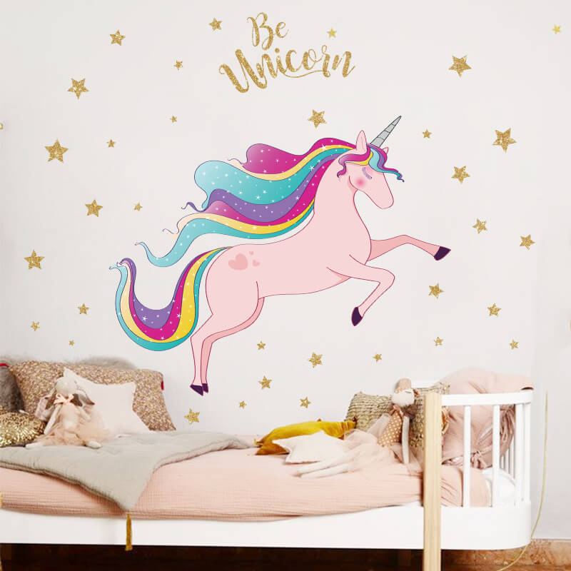 Samolepka do dětského pokoje Růžový jednorožec Unicorn s hvězdami
